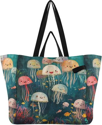 Generic Jellyfish Coral Teal pattern Reusable Canvas Tote Bag, Heavy Duty Grocery Shopping Bag with Large Capacity Double Handles Hard Bottom Work Groceries T