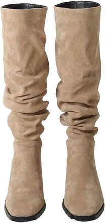 Generic Womens Knee High Boots Pleated Design Belt Buckle Chunky Heel Casual Style