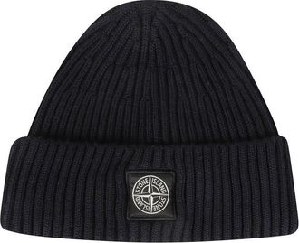 Stone Island Ribbed Knit Beanie With Folded Cuff And Logo