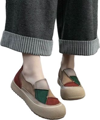 Generic NYSBH Spring Women Slip On Loafers Flat Platform Mixed Colors Patch Round Toe Casual Single Shoes Red Green