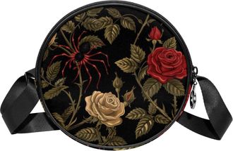 Generic Circle Crossbody Bag for Women, Red Spider Roses Small Sling Bag Daypack with Zipper Adjustable Shoulder Straps Casual Ladies Girls Round Purse