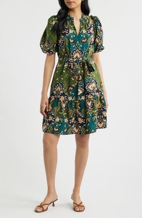 Vince Camuto Print Tie Waist Puff Sleeve Dress in Green Multi at Nordstrom, Size 2