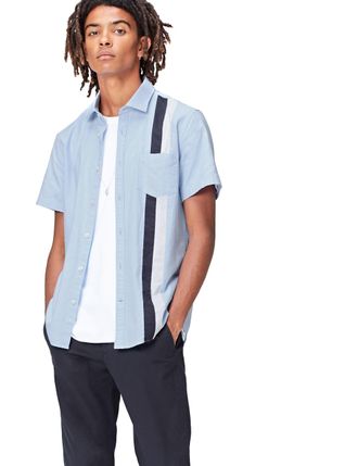 Find. Mens Matt S/S Asymetric Panel Tailored Fit Slim Fit Plain Button Front Short Sleeve Dress Shirt, Blue, Large