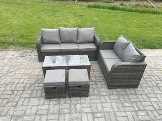 Fimous 7 Seater Outdoor Rattan Garden Furniture Set with Patio Lounge Sofa Set with Rectangular Coffee Table in Dark Grey