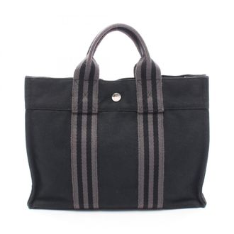 Herm&egrave;s Black Gray Canvas Handbag Tote Bag (Pre-Owned)