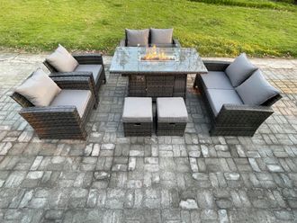 Fimous Wicker PE Rattan Garden Furniture Sets Patio Outdoor Gas Firepit Dining Table Heater Set with Double Seat Sofa in Dark Grey