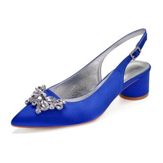 Generic Womens Pumps Pointed Toe Bridal Chunky Heel Slingback Heels Wedding Prom Party Dress Low Heels 4.5Cm,Blue,7 UK