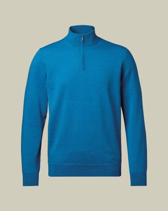 CHARLES TYRWHITT Merino Zip Neck Wool Jumper - Bright Blue Size Large by Charles Tyrwhitt