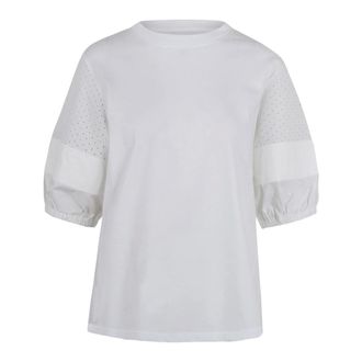 Moncler T-Shirts, female, White, Size: XS T-shirt with San Gallo lace sleeves