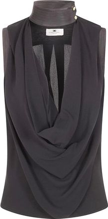 Elisabetta Franchi Tops, Dames, Zwart, L, Satijn, Mouwloze blouse met gedrapeerde col