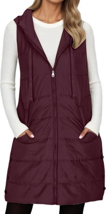 Generic Womens Gilet Long, Longline Hooded Quilted Jacket Ladies Winter Puffer Coats Black Waistcoat Women Long Vest Body-Warmer Coat With Pockets Winter Ligh