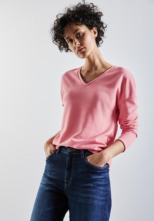 Street One V-Ausschnitt-Pullover STREET ONE, Damen, Gr. 46, rosa (sugar coral meliert), Strick, Obermaterial: 66% Polyester, 34% Viskose, unifarben, regular fit 