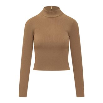 Michael Kors Geribbelde Gebreide Mock-Neck Trui - Dames - Coltruien - Bruin - L - Polyester - Truien & Vesten