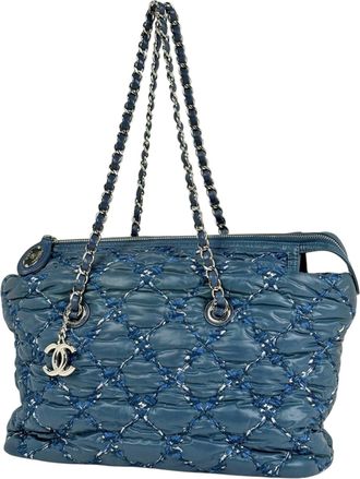 Chanel Blue Nylon Leather Shoulder Bag Tote Bag (Pre-Owned)
