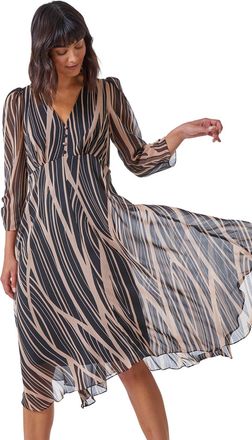 Roman Womens Abstract Print Wrap Hanky Hem Midi Dress - Black Leather - Size 18 UK