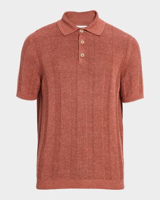 Brunello Cucinelli Mens Linen and Cotton Ribbed Short-Sleeve Polo Sweater