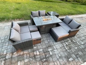 Fimous High Back Rattan Garden Furniture Sofa Sets with Outdoor Furniture Gas Firepit Dining Table Set Dark Grey Mixed