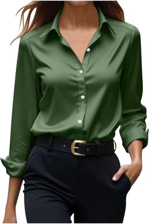 Generic Womens Satin Silk Button Down Shirt Casual Long Sleeve Classic-Fit Dress Shirts Solid Work Office Blouse Blouse Shirt Tops (UK, Alpha, XL, Regular, Re