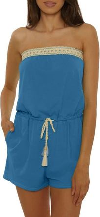 Lucky Brand Laguna Tie Waist Strapless Cover-Up Romper in Peacock at Nordstrom, Size Medium