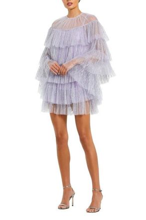 Mac Duggal High Neck Tiered Ruffle Pearl Beaded Cape Dress in Lilac at Nordstrom, Size X-Small