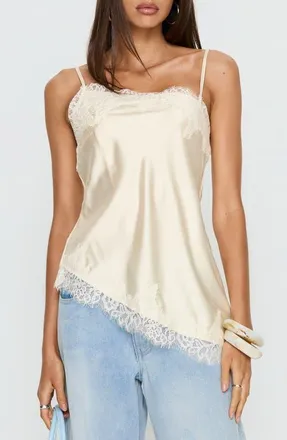 Princess Polly Winta Lace Trim Asymmetrical Satin Camisole in Cream at Nordstrom, Size 10