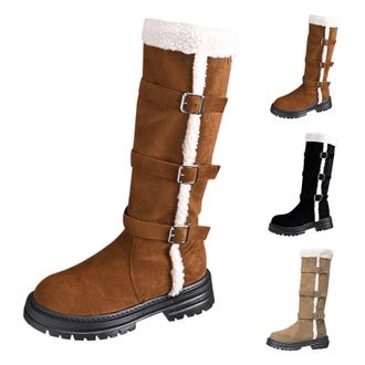 Generic Womens Suede Winter Snow Boots Faux Fur Lined Mid-Calf Boots with Adjustable Buckle Ladies Chunky Low Heel Platform Shoes Comfort Round Toe Walking Sh
