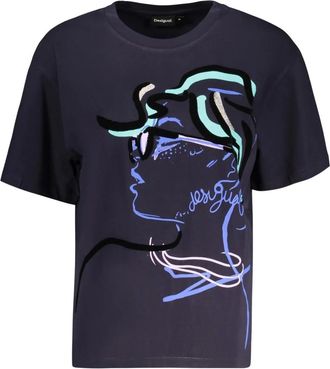 Desigual Face T-shirt - Dames - Tops - Blauw - Maat: XL Katoen