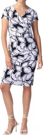 Joseph Ribkoff Leaf Print Faux Wrap Sheath Dress In Midnight Blue/vanilla