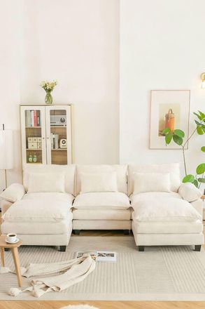 Living and Home 4-Seater Chenille Upholstered Sectional Sofa with Pillows in White