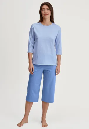 CALIDA Capri-Pyjama CALIDA Lovely Nights, Damen, Gr. XL (52/54), blau (hydrangea blau), Single Jersey, Obermaterial: 100% Baumwolle, bequem 3/4-L&auml;nge, Rundha