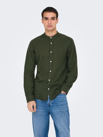 Only & Sons Langarmhemd ONLY & SONS ONSCAIDEN LS SOLID LINEN MAO SHIRT NOOS, Herren, Gr. XL, N-Gr, gr&uuml;n (kambaba), Web, Obermaterial: 55% Baumwolle, 45% Leinen, u