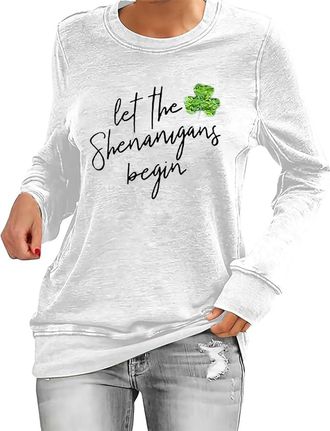 Generic St Patricks Day Sweatshirt Women Lucky Shamrock Long Sleeve Shirt Green Clover Printed Pullover Tops Holiday Party Jumper Sweater Irish Green Tops Ire