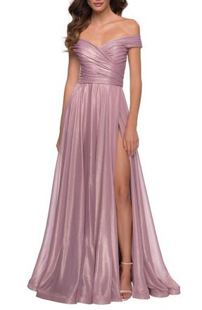 La Femme Iridescent Off the Shoulder Chiffon Gown in Pink Metallic at Nordstrom, Size 10