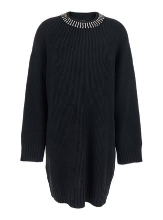 Pinko Black Dress With Droped Shoulder And Crystal Embellishments In Cashmere Woman