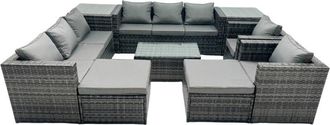 Fimous Fimous Rattan Garden Furniture Dining Set 10-seater Patio Coffee Table Sofa Set with 2 Big Stools 2 Side Tables Dark Grey Mixed