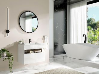 Vente-Unique Mobile per il bagno sospeso a LED con lavabo da incasso Bianco e Nero effetto marmo L80 cm POZEGA