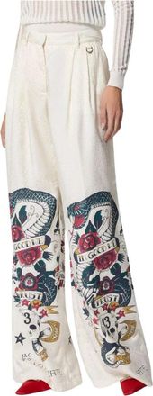 John Richmond High-waist broek met grafische print - Dames - Wijde Broeken - Wit - XS - Katoen - Broeken