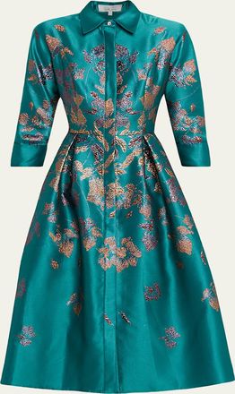 Teri Jon Pleated Metallic Jacquard Midi Shirtdress