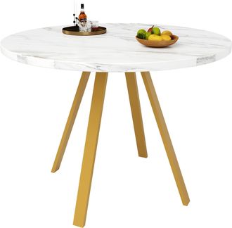 STILVORA Mesa De Comedor Redonda En Mdf Con Tablero Motivo Marmoleado Y Patas De Metal Doradas - 80&times;80&times;75 Cm, Dorado Y Blanco