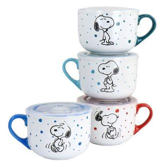 Peanuts Freckled Joy 25oz Stoneware 4 Piece Soup Cup and Lid Set in White at Nordstrom