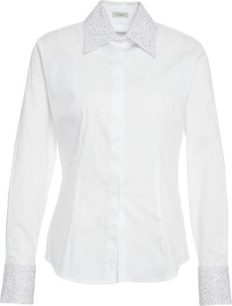 Himon's Fitted White Blouse With Rhinestone-Embellished Cuffs