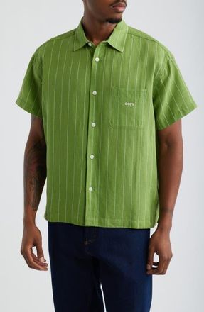 Obey Joe Stripe Short Sleeve Button-Up Shirt in Piquant Green Multi at Nordstrom, Size Medium