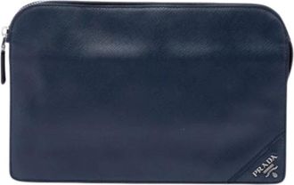 Prada Pre-owned Saffiano Clutch - Dames - Vintage Clutch - Blauw - ONE Size - Leer - Vintage