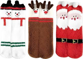 Generic 3 Pairs Christmas Socks, Fuzzy Santa Snowman Reindeer Sock, Soft Christmas Slipper Socks For Women And Kids