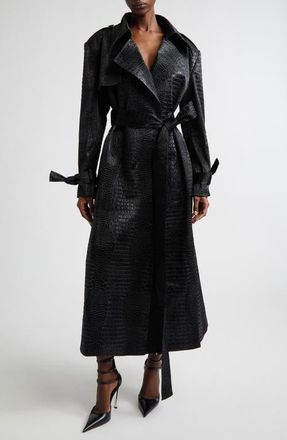 Kim Shui Croc Embossed Faux Leather Trench Coat in Black at Nordstrom, Size X-Large