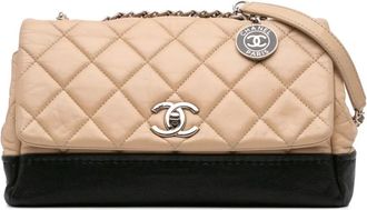 Chanel Borsa a tracolla CC in pelle di vitello trapuntata bicolore e pelle Caviar con battente 2014 - Marrone