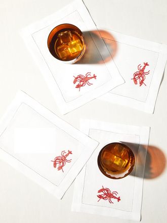 Loretta Caponi Lobster Hand-Embroidered Linen Cocktail Napkins (Set of 6)