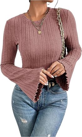 Generic Womens Flared Bell Sleeve Y2k Going Out Tops Ribbed Knit Long Sleeve Jumper Crew Neck Blouse Slim Fit Casual Loungewear Shirt Everyday Soft Stretch Kn
