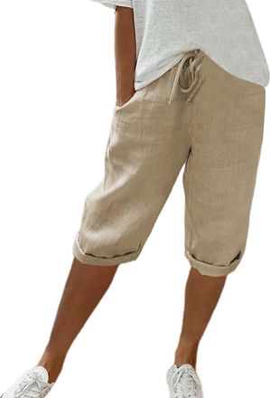 Generic Womens Shorts Knee Length Linen Shorts for Women Summer Elastic Waist Solid Shorts with Pockets Ladies Turn Up Capris Bermuda Casual Loose Comfy Baggy