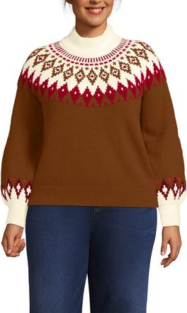 Lands End Fuzzy Turtleneck Lantern Sleeve Jacquard Sweater in Rich Ginger Brown Fairisle at Nordstrom, Size 3 X